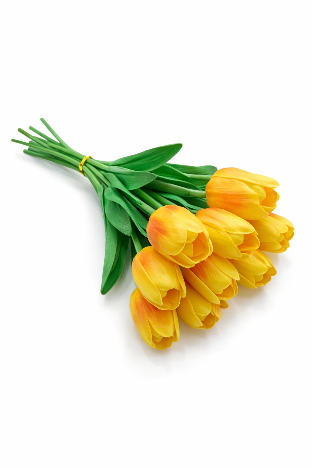 Set 10 lalele artificiale galben intens cu accente portocalii soft touch fir individual 33cm [2]