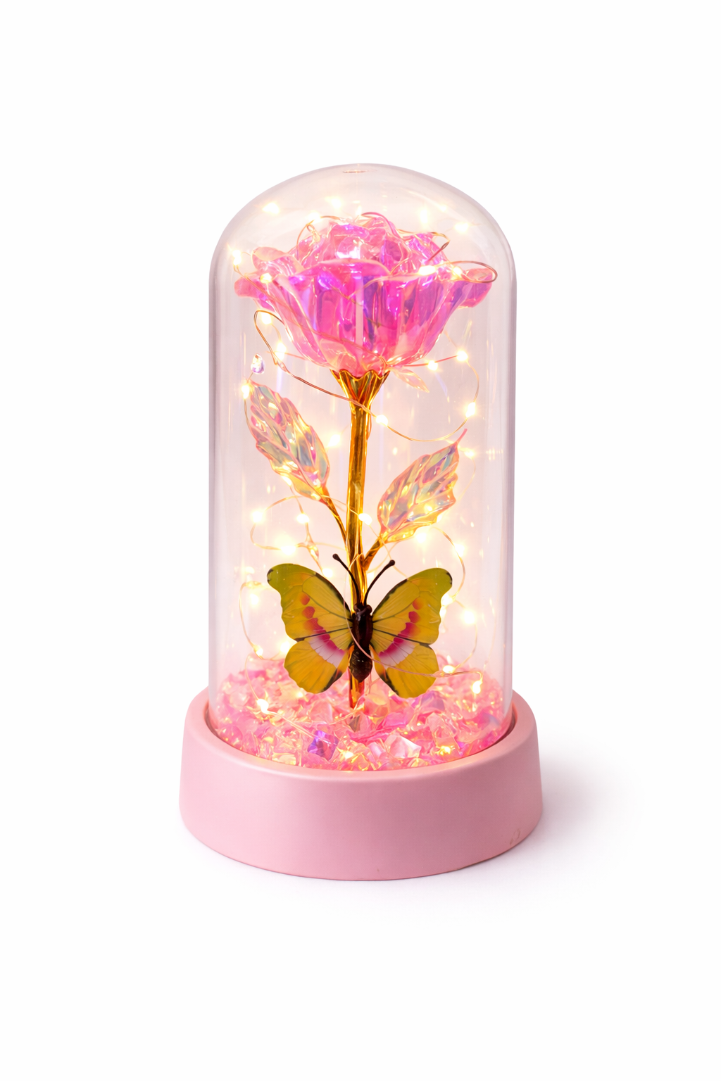 Cupola cu Trandafir Royal Pink si Fluture Galben, LED, 15x9 cm, Baterii Incluse
