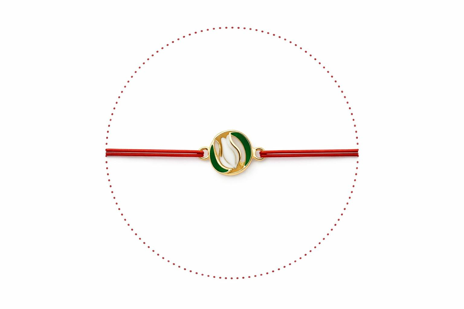 Set 24 Bratari Martisor cu Lalea Alba si Frunze, Snur Rosu Elastic, 12x3 cm [1]