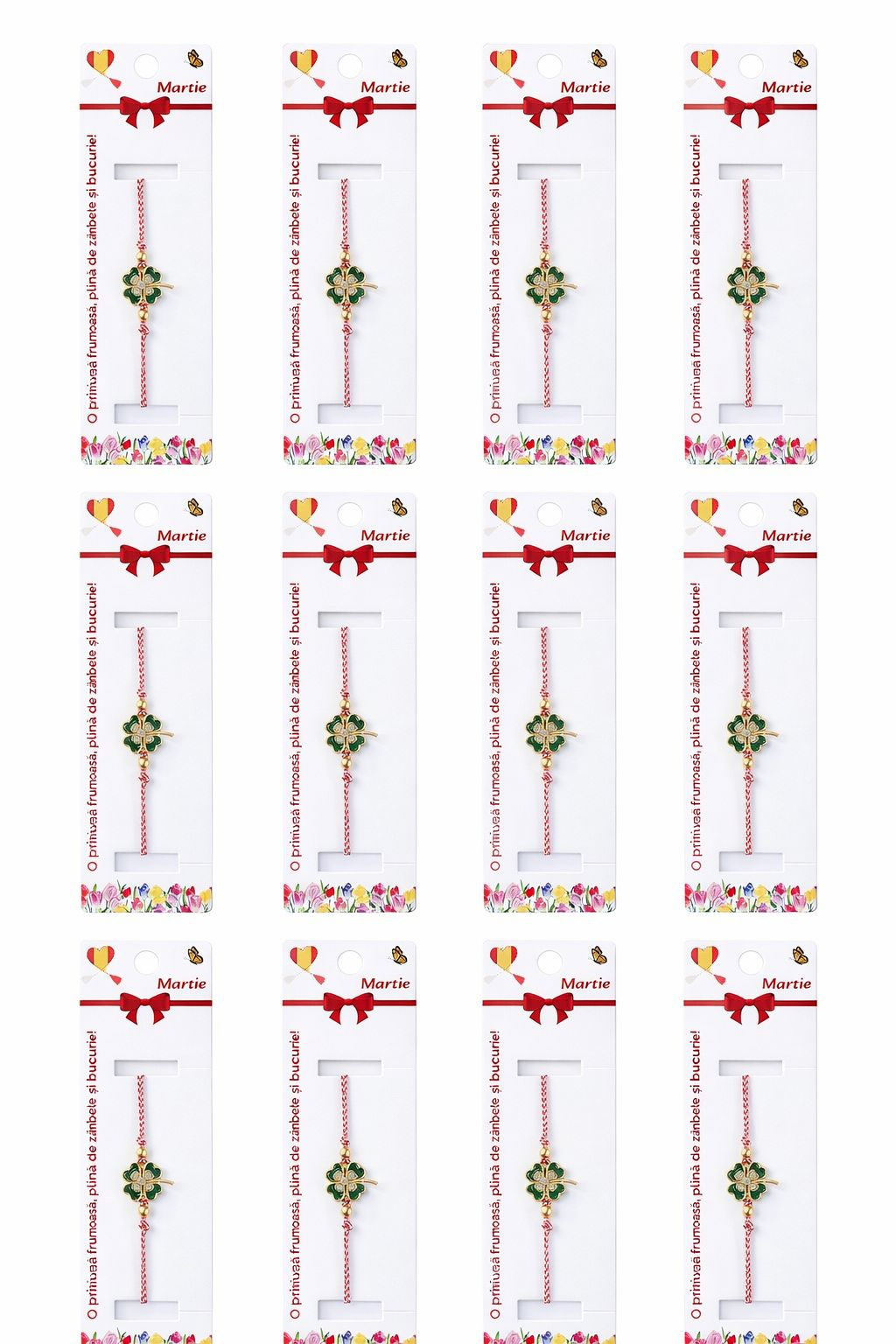 Set 12 bratari martisor cu trifoi norocos cu pietricele albe, snur rosu alb, ambalate individual [4]