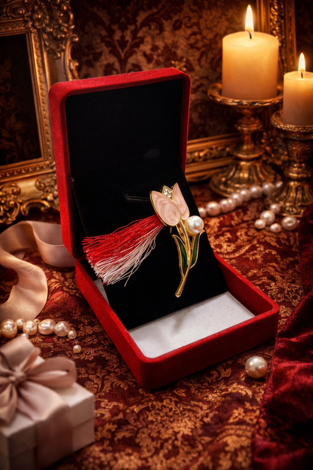 Brosa Floare Martisor cu Petale Roz si Perlă Eleganta in Cutie de Catifea [2]