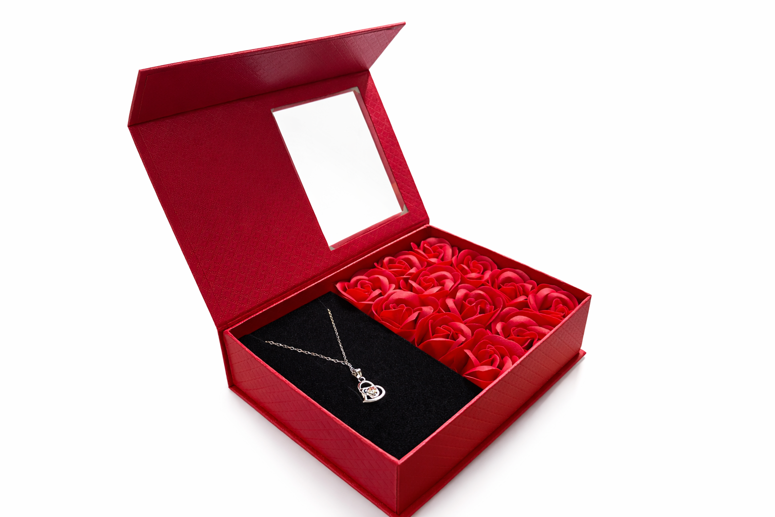 Cutie cadou cu 12 trandafiri artificiali si colier, design Love Forever, rosu, 18 x 13 x 5 cm