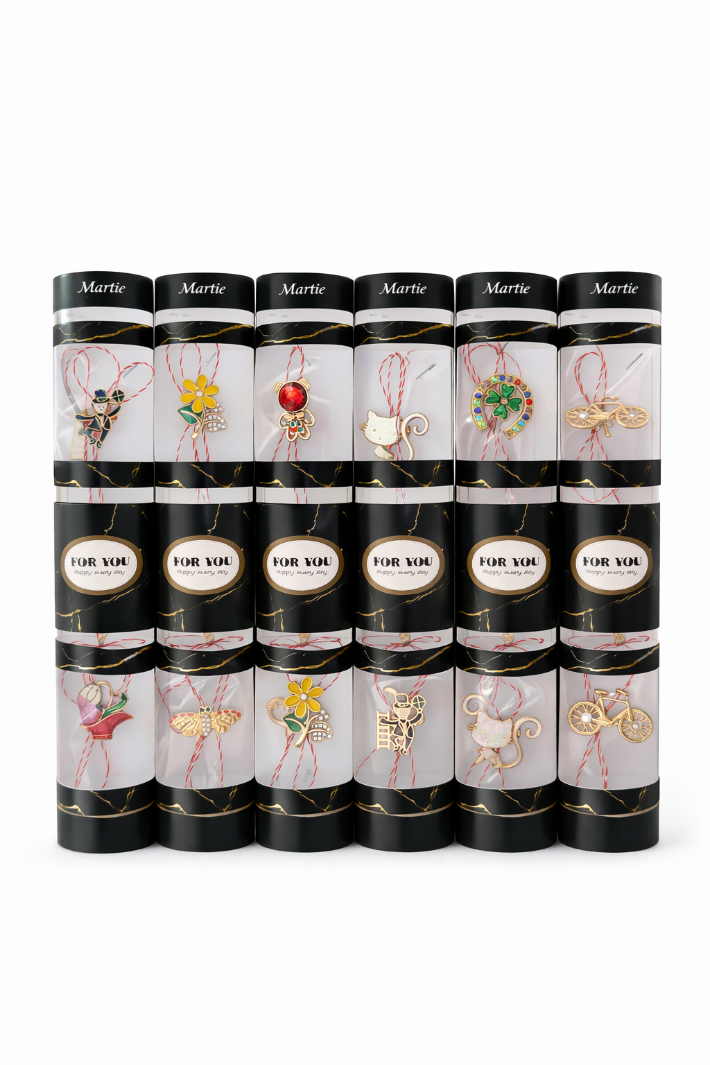 Set 14 Brose Martisor Metalice cu Snur Traditional, Ambalaj Elegant, Cadou 1 Martie 14x7 cm