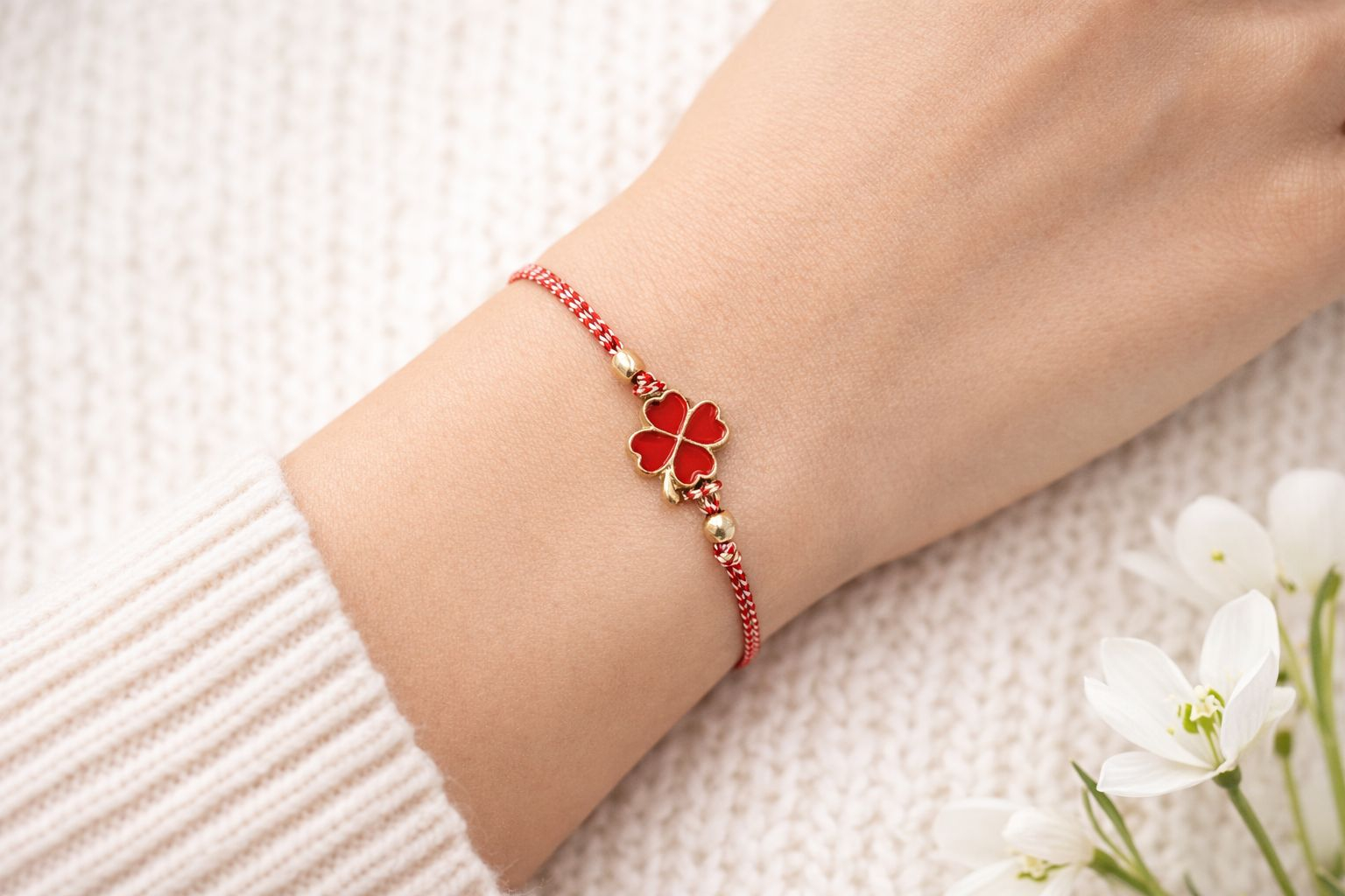 Set 12 bratari martisor cu trifoi auriu si petale rosii, snur reglabil, simbol norocos [2]