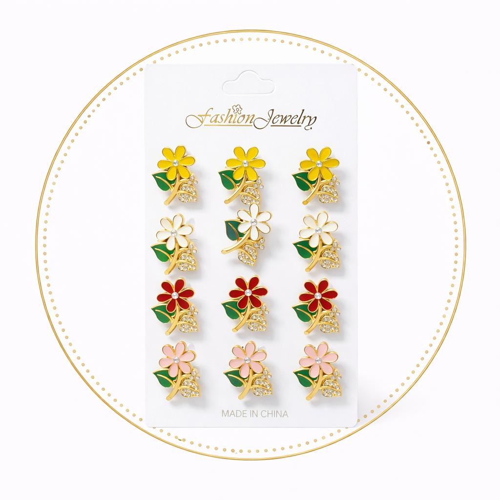 Set 12 brose martisor floare auriu cu frunze verzi si strasuri, culori asortate 15x9cm [1]