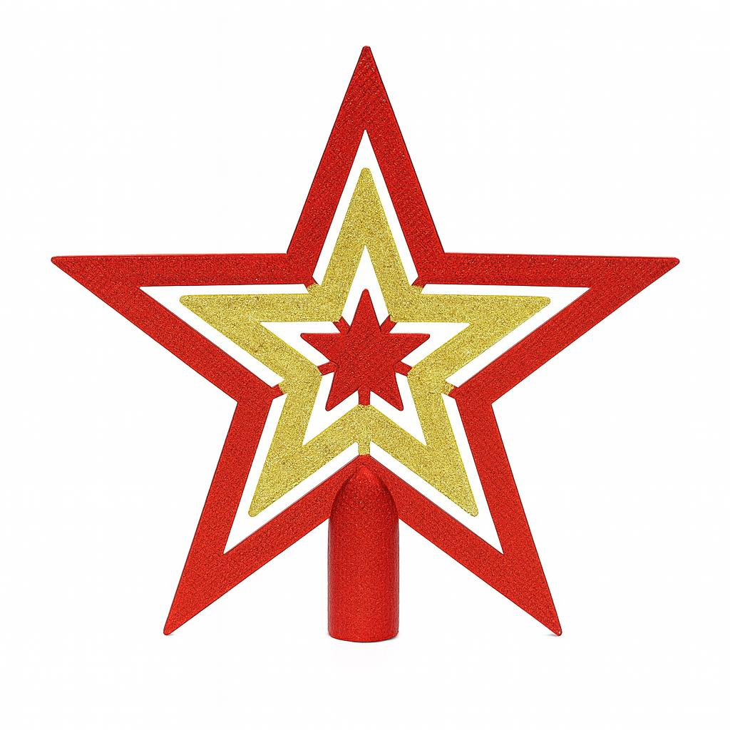 Varf brad stea rosie cu stea aurie interioara pentru decor Craciun, 18x17cm