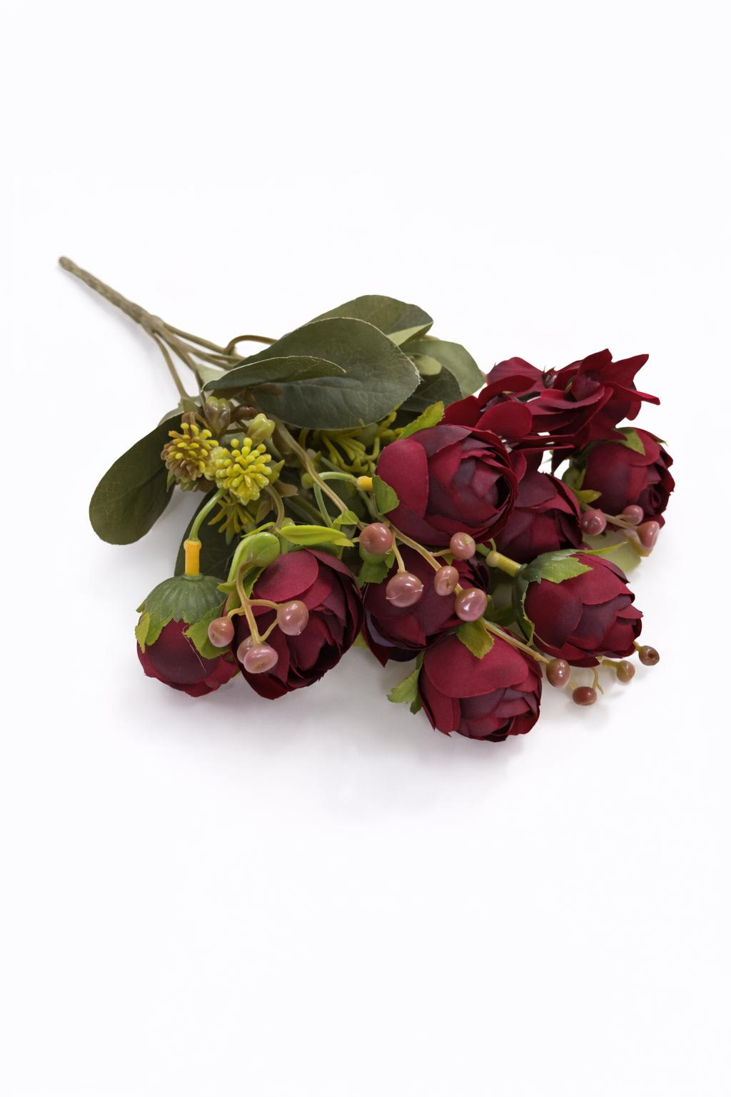 Buchet artificial visiniu elegant cu trandafiri si camelie pe fir unic 30 cm [2]