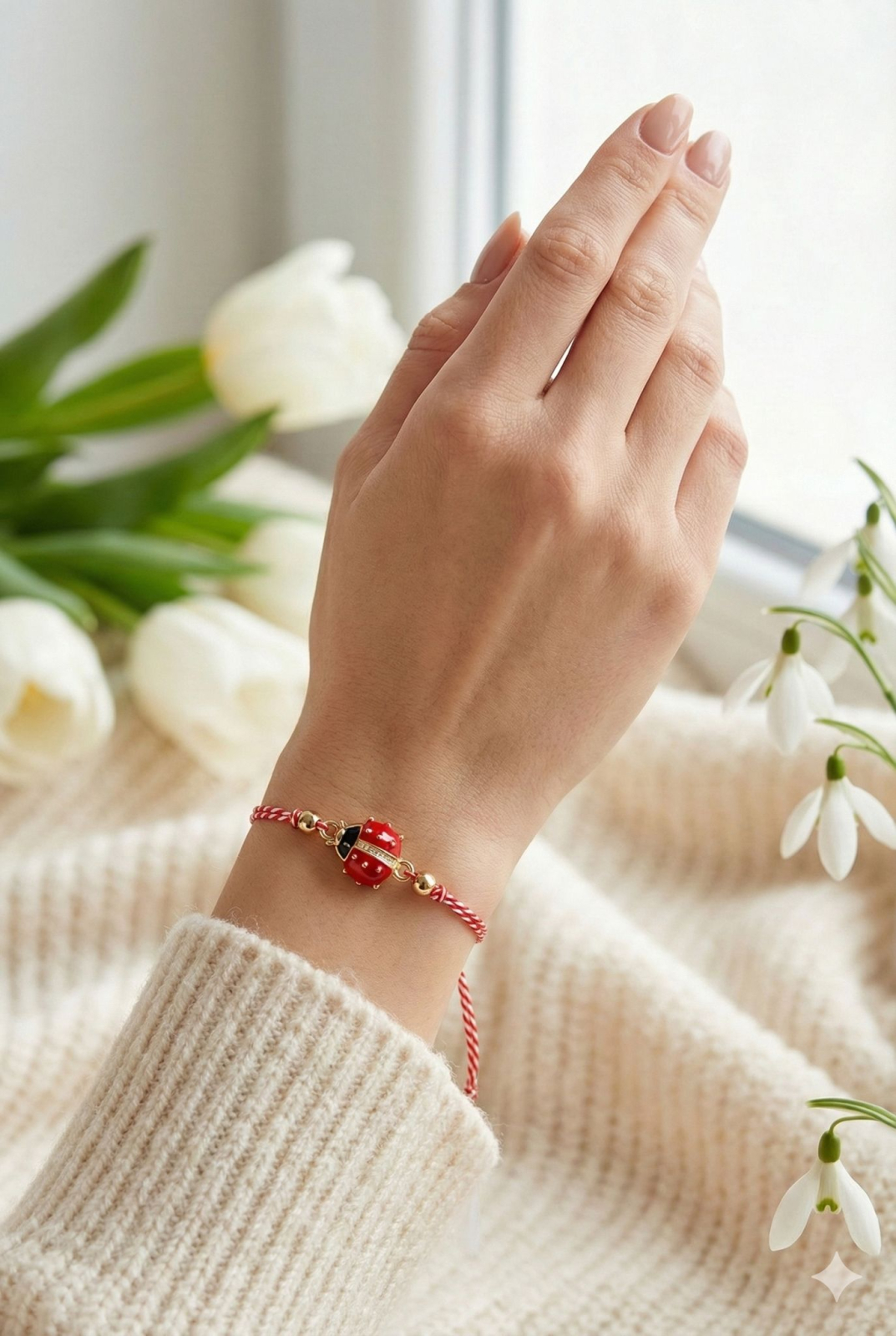 Set 12 bratari martisor cu buburuza rosie, snur reglabil rosu-alb [2]