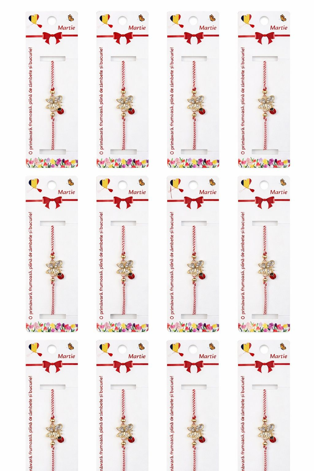 Set 12 bratari martisor cu fluture si buburuza, snur rosu alb, ambalate individual [4]