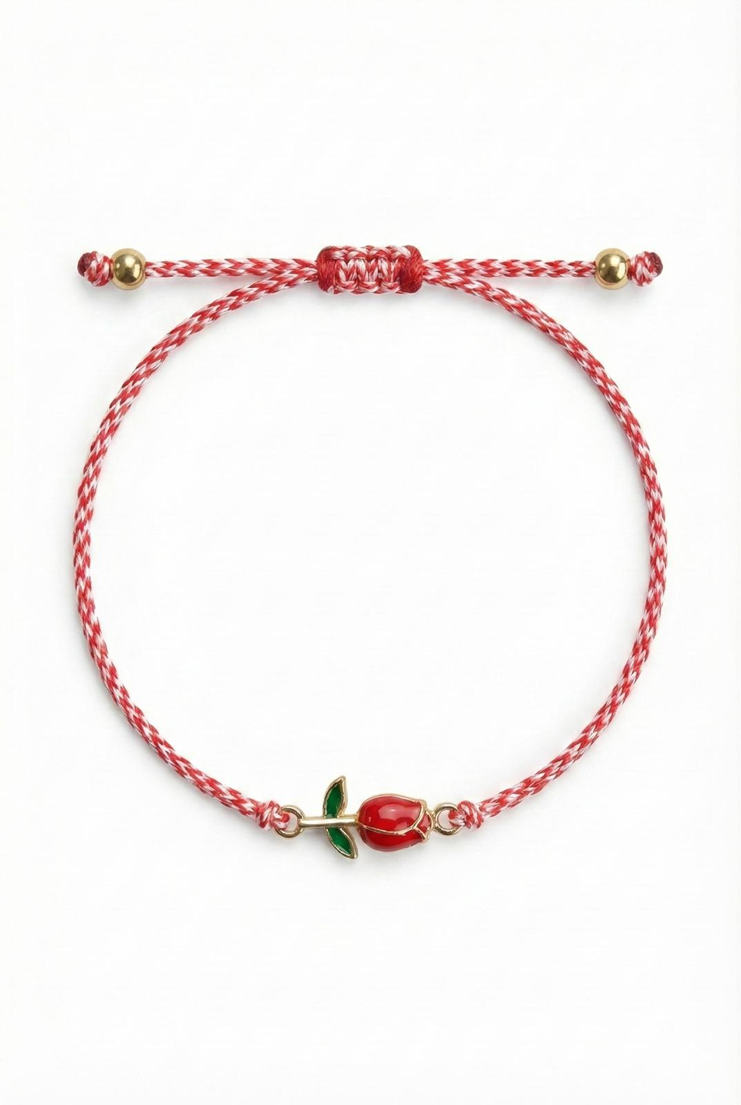 Set 12 bratari martisor cu lalea rosie, snur rosu alb, ambalate individual [1]