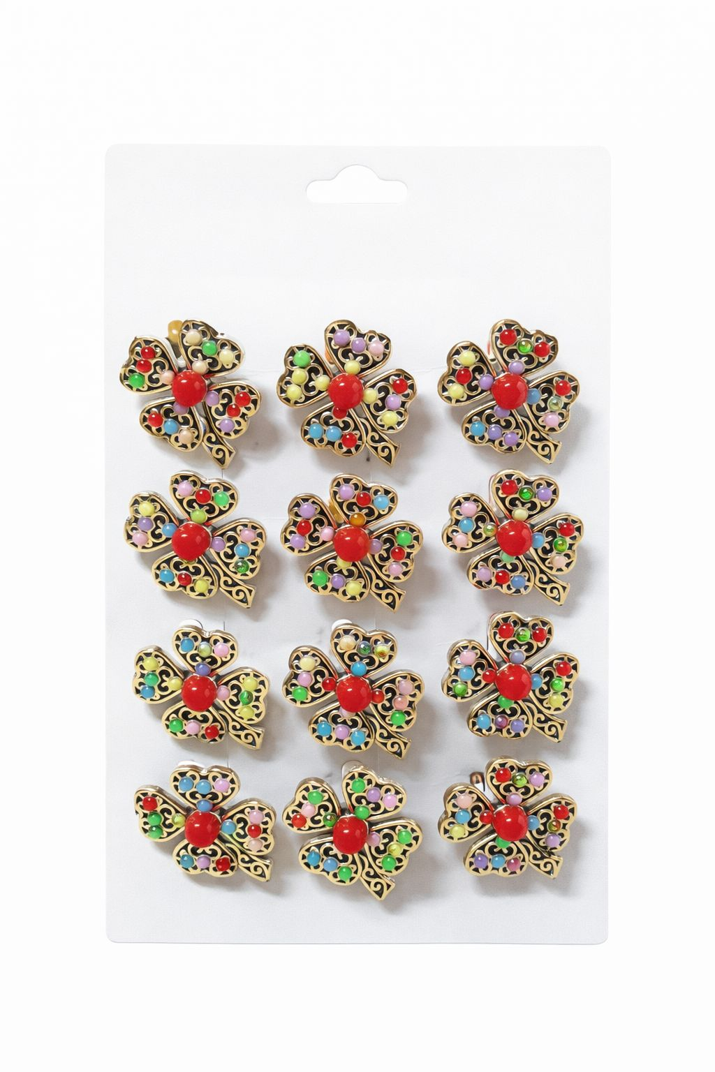 Set 12 brose martisor trifoi auriu cu margele colorate norocos 15x9cm