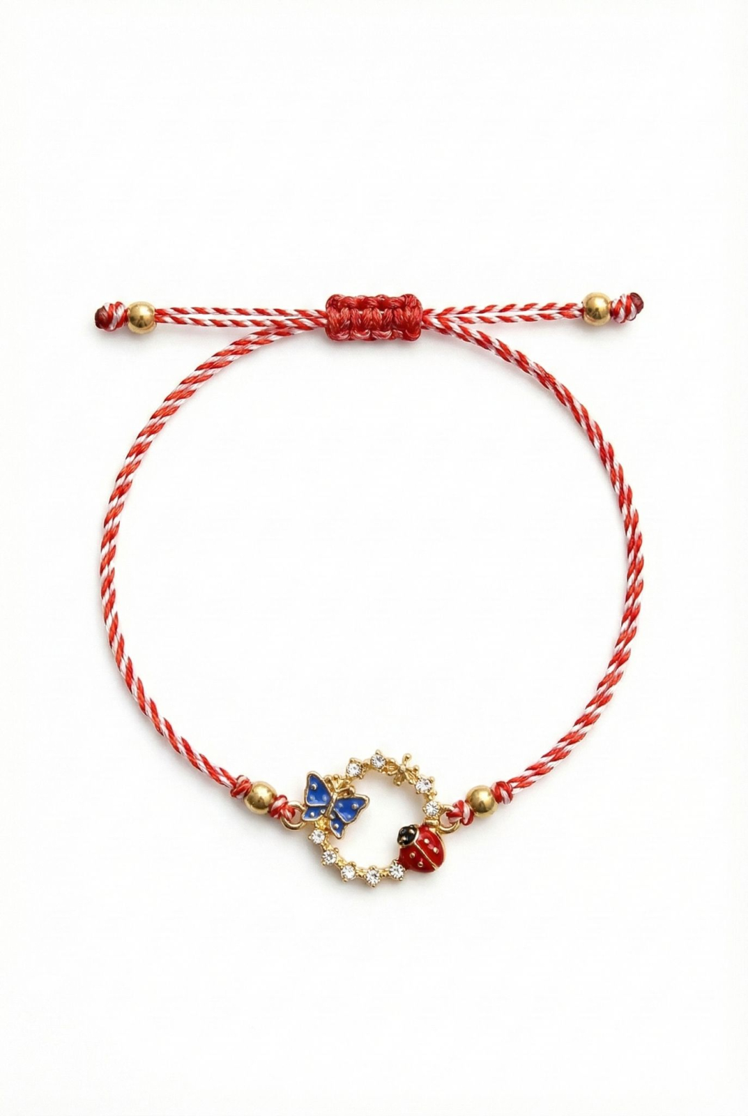 Set 12 bratari martisor cu cerc decorativ, fluture albastru si buburuza, snur reglabil rosu-alb [1]