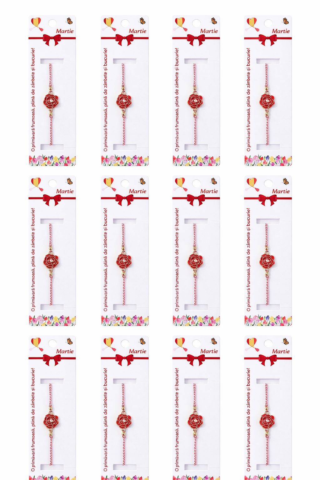 Set 12 bratari martisor cu trandafir rosu si pietricica alba, snur rosu alb, ambalate individual [4]