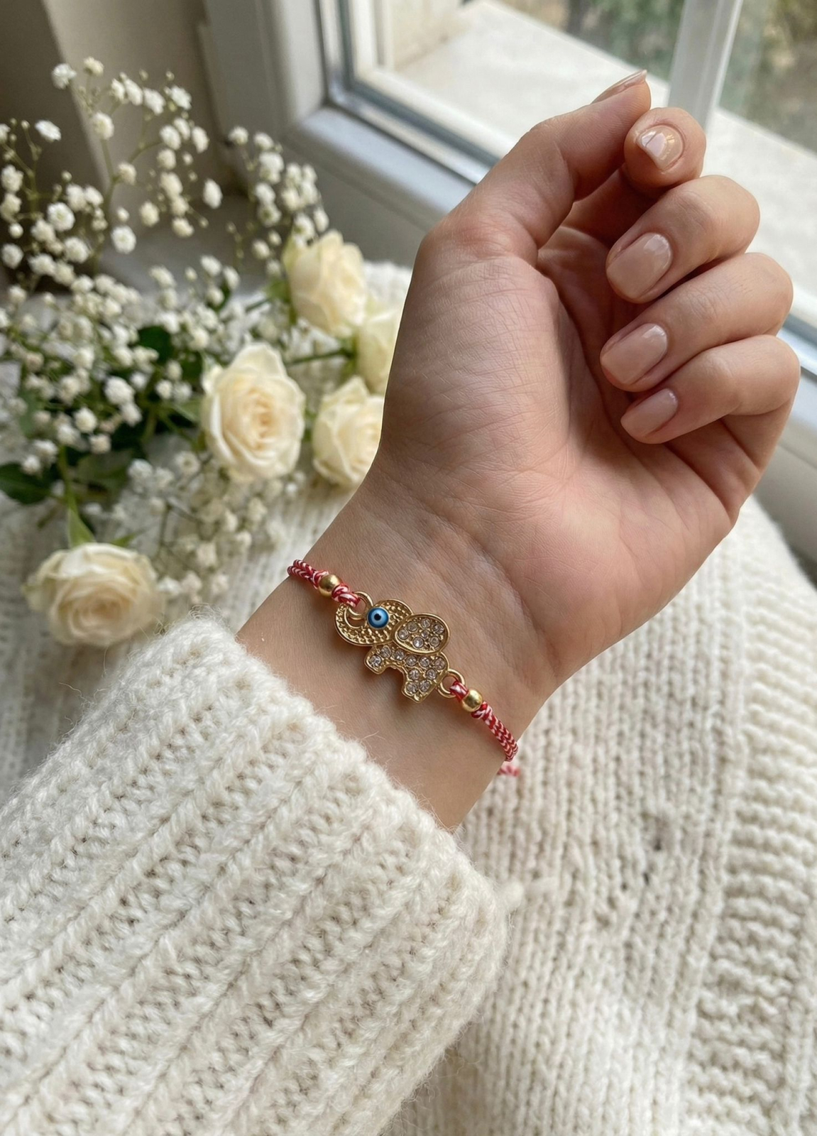 Set 12 Bratari Martisor cu Elefantel Auriu, Strasuri si Ochi Protector, Snur Rosu, 20x11 cm [2]