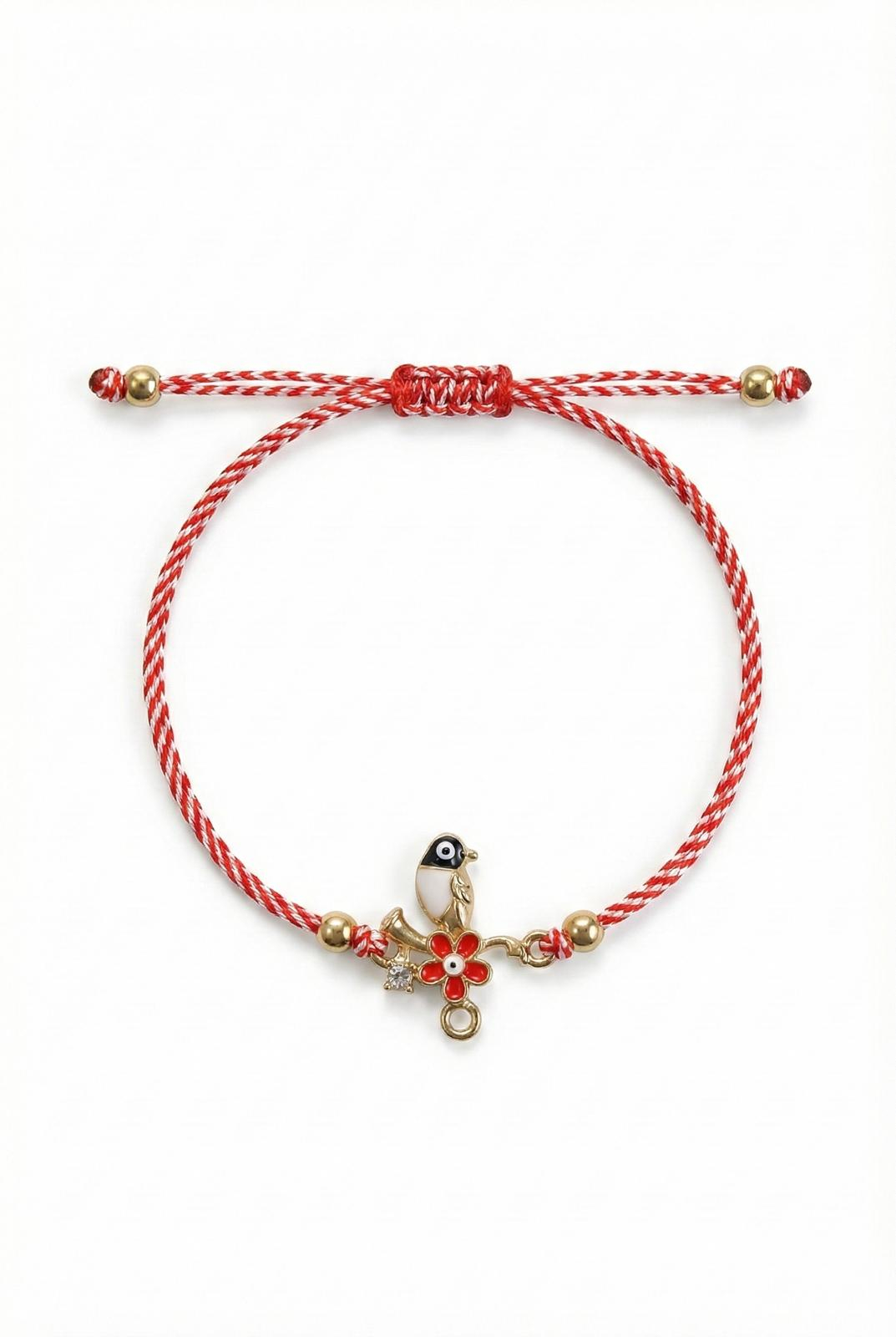 Set 12 bratari martisor cu pasare stilizata si floare, snur rosu alb, ambalate individual [1]