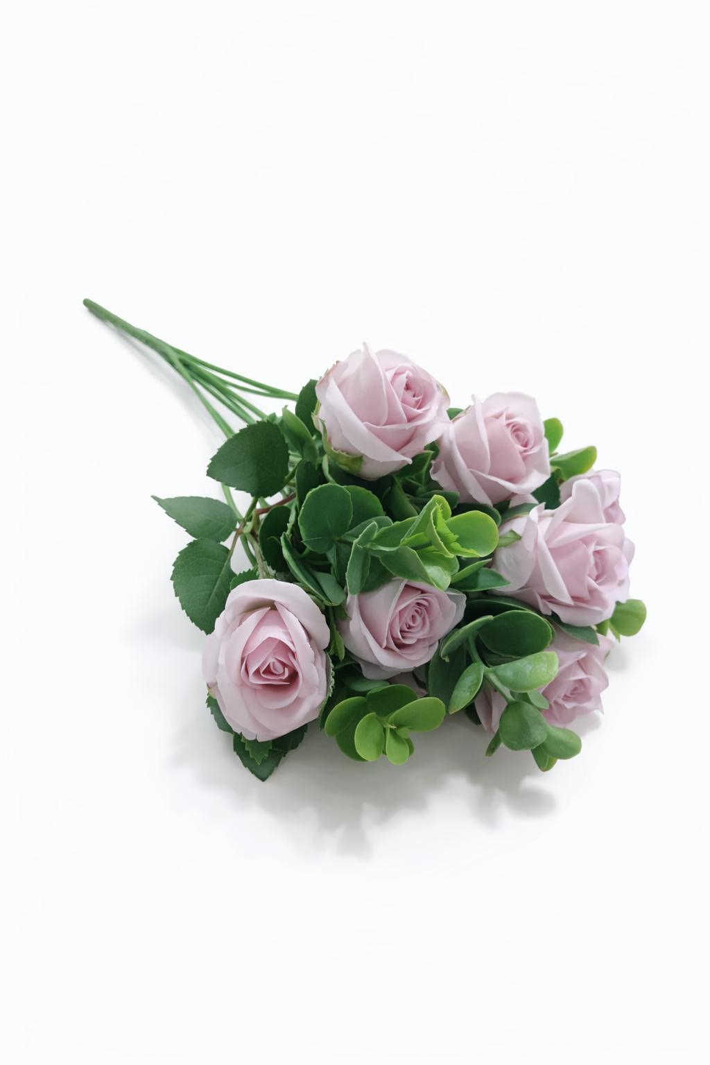 Buchet 11 trandafiri artificiali lila delicat, frunze si eucalipt decorativ, 30cm [1]