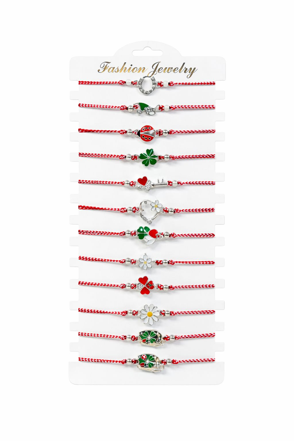 Set 12 Bratari Martisor cu Simboluri Argintii Traditionale, Snur Rosu Reglabil, 20x11 cm