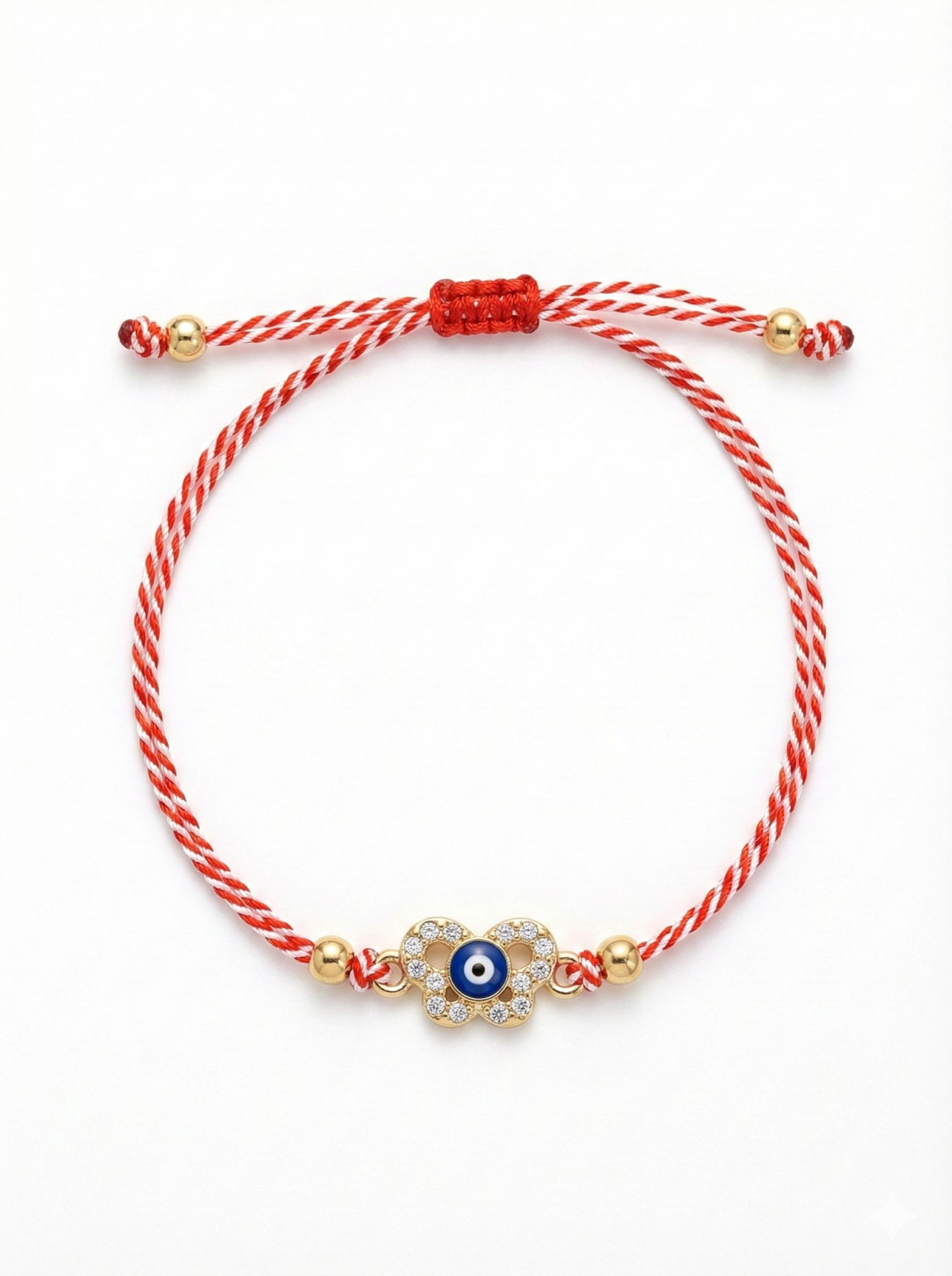 Set 12 bratari martisor fluture auriu cu strasuri si ochisor, snur alb rosu, 20x11cm [1]