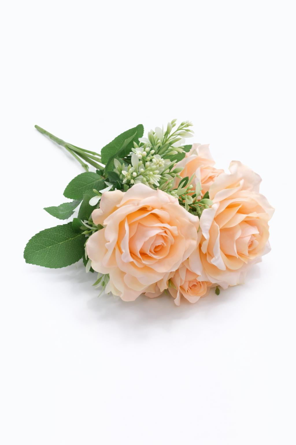 Buchet 7 trandafiri artificiali nuanta piersica delicata, frunze si boboci decorativi 30cm [1]