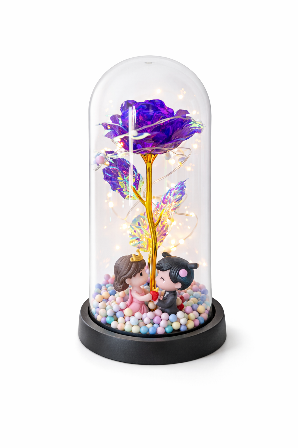 Cupola plastic cu trandafir mov LED si 2 indragostiti, 20 cm, cutie cadou [1]