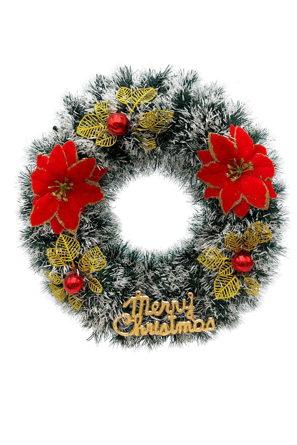 Coronita decorativa Craciun cu flori si mesaj Merry Christmas, 38cm