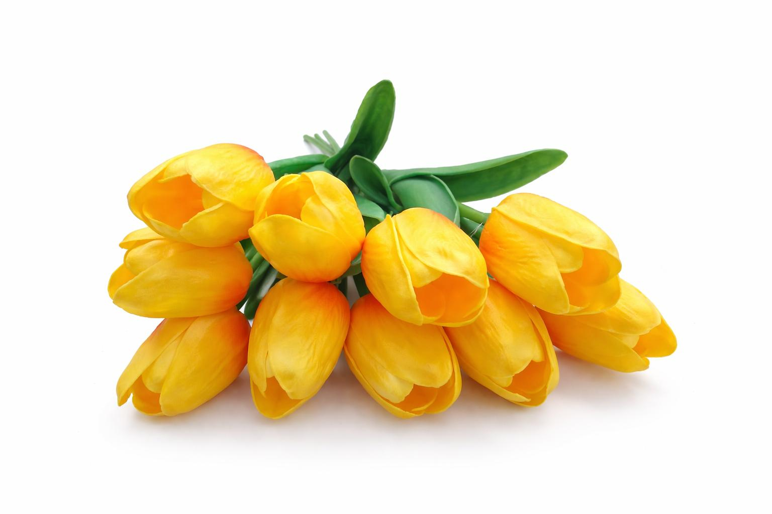 Set 10 lalele artificiale galben intens cu accente portocalii soft touch fir individual 33cm [1]