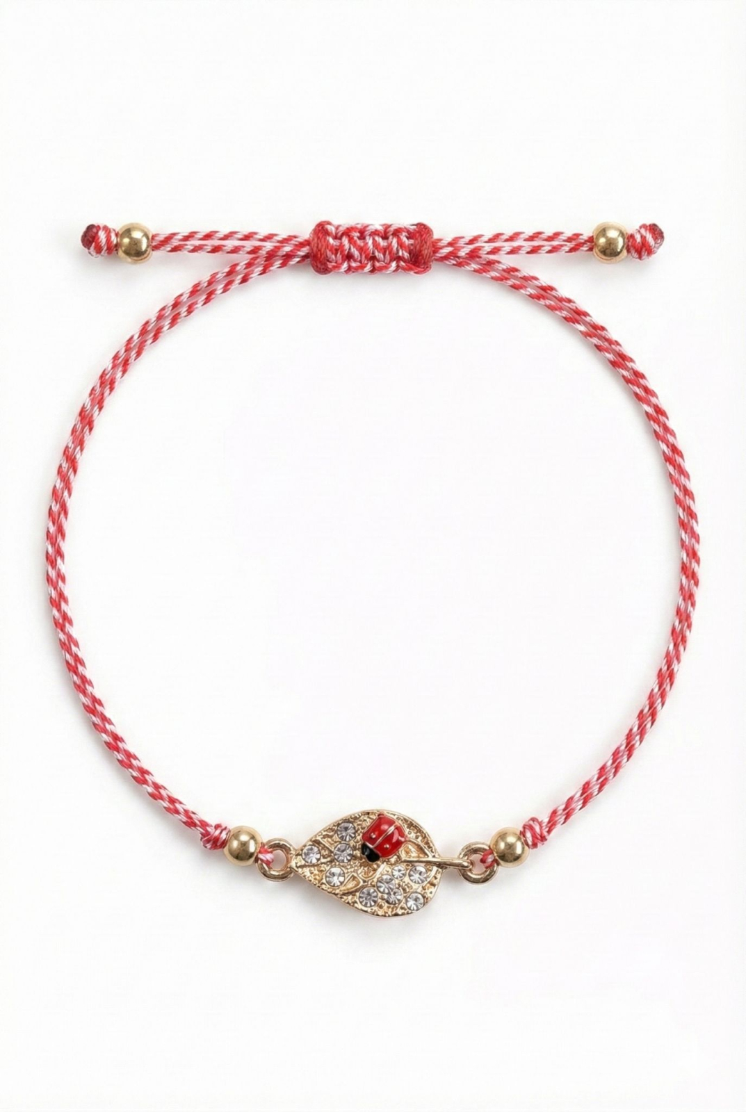 Set 12 bratari martisor cu frunza aurie cu strasuri si buburuza, snur rosu alb, ambalate individual [1]