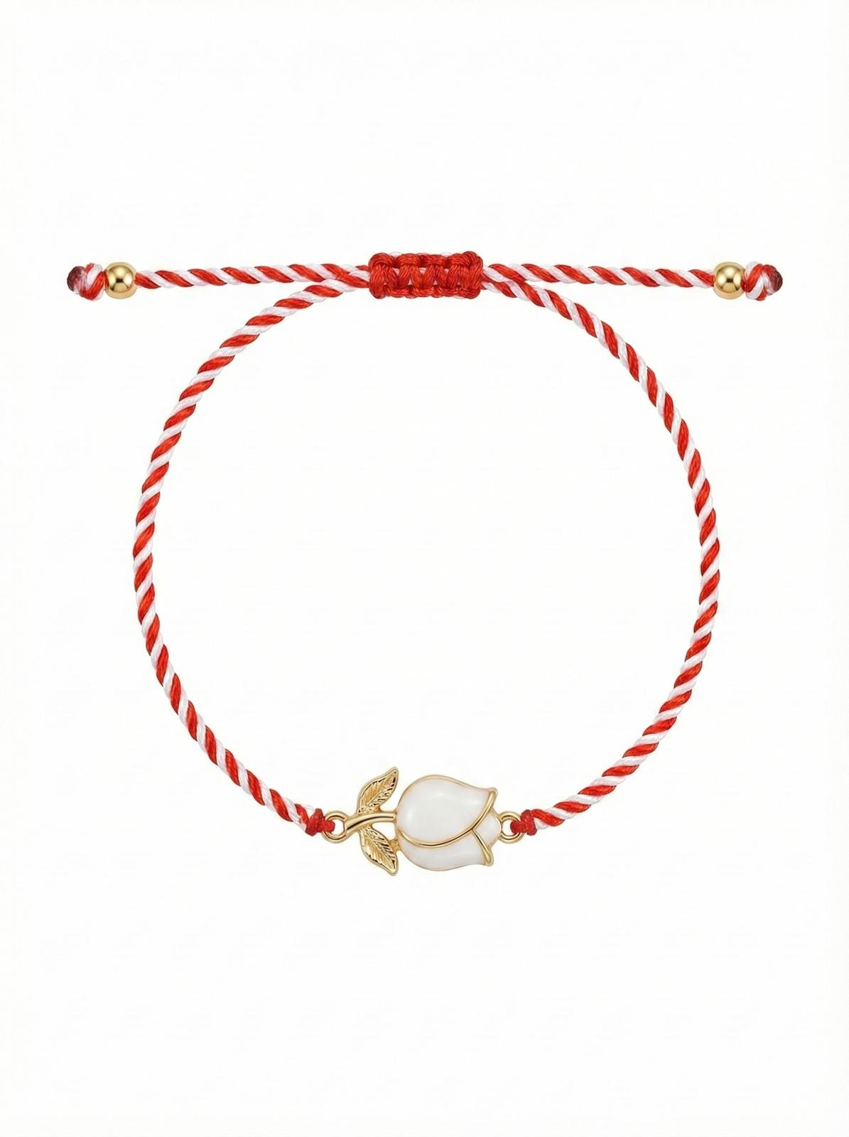 Set 12 Bratari Martisor cu Boboc de Floare Alb, Snur Rosu Reglabil, Accente Aurii, 20x11 cm [1]