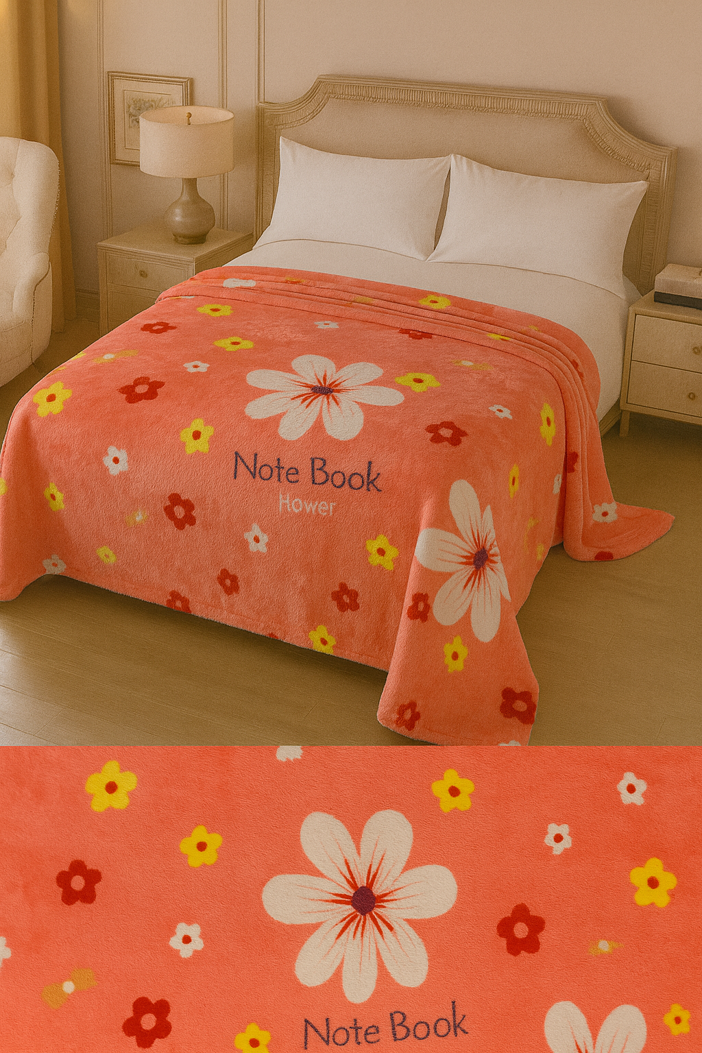 Patura Cocolino 200x230 corai cu flori colorate, pufoasa pentru pat dublu