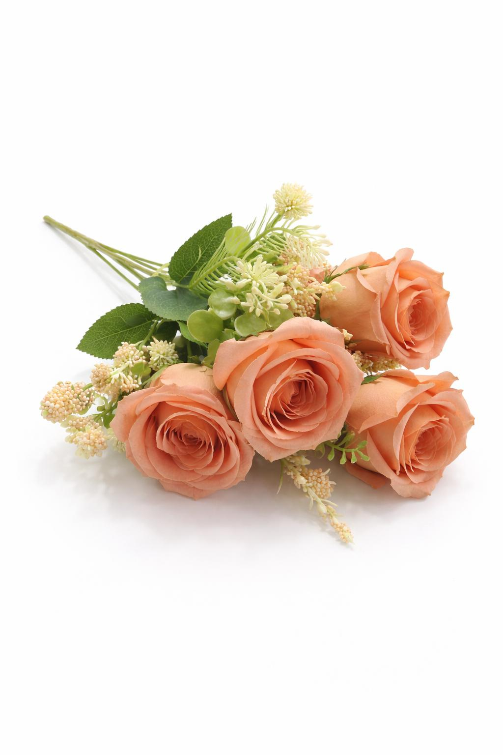 Buchet 5 trandafiri artificiali caramiziu cu frunze si boboci decorativi 30cm [1]