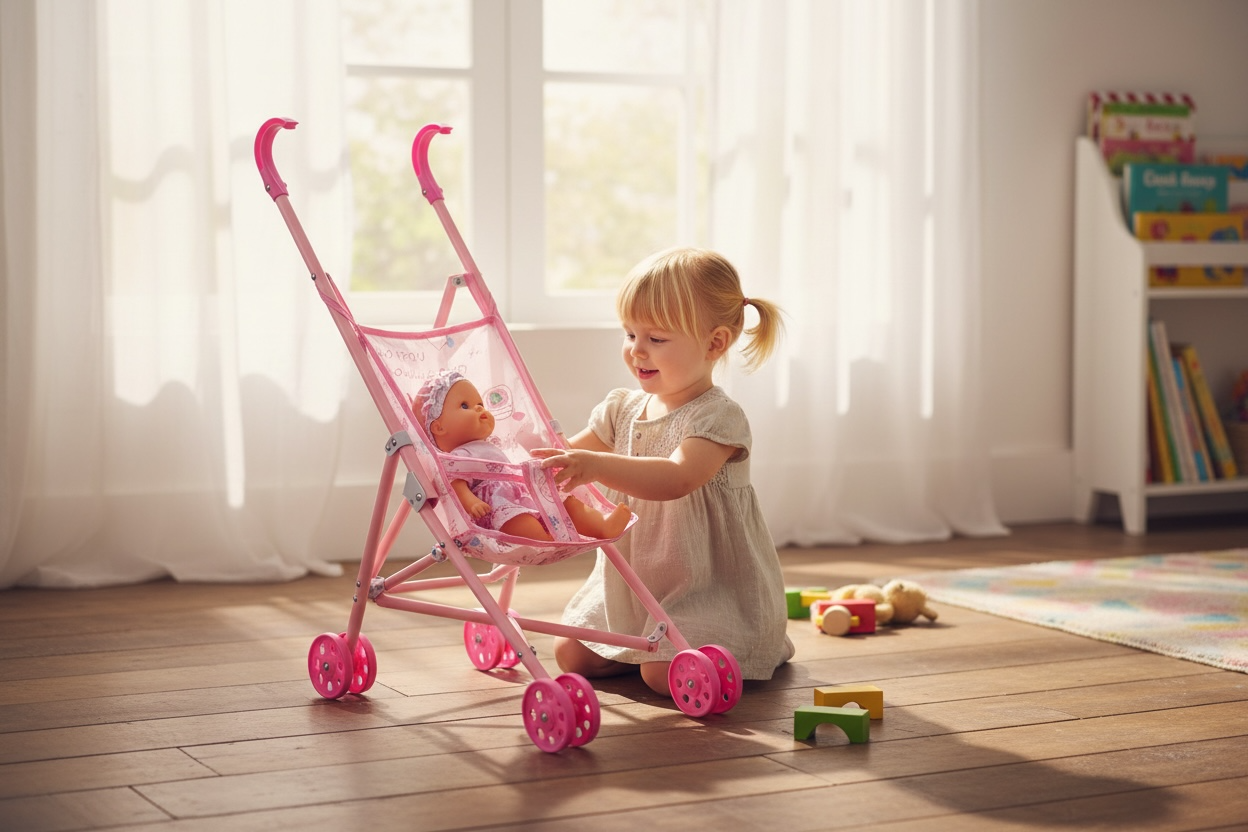 Carucior Pentru Papusi Metalic 52 cm – Model Pliabil, Roti Duble, Jucarie Pentru Fetite [2]