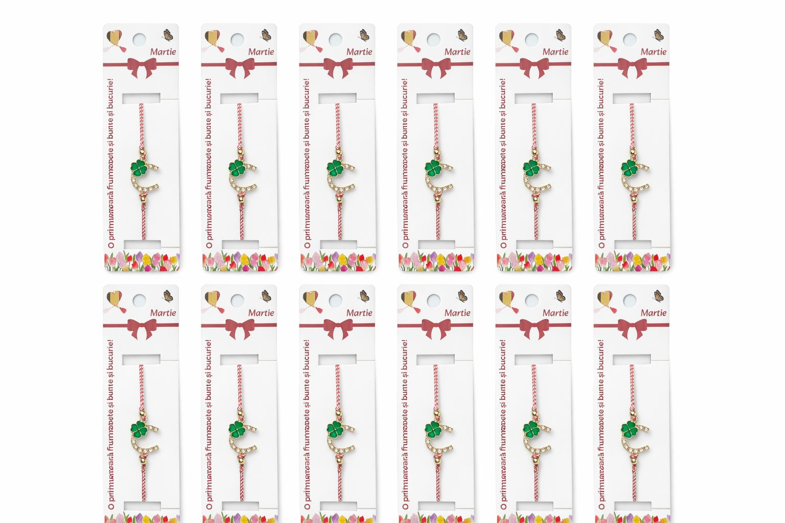 Set 12 bratari martisor cu potcoava si trifoi verde, snur reglabil rosu-alb [4]