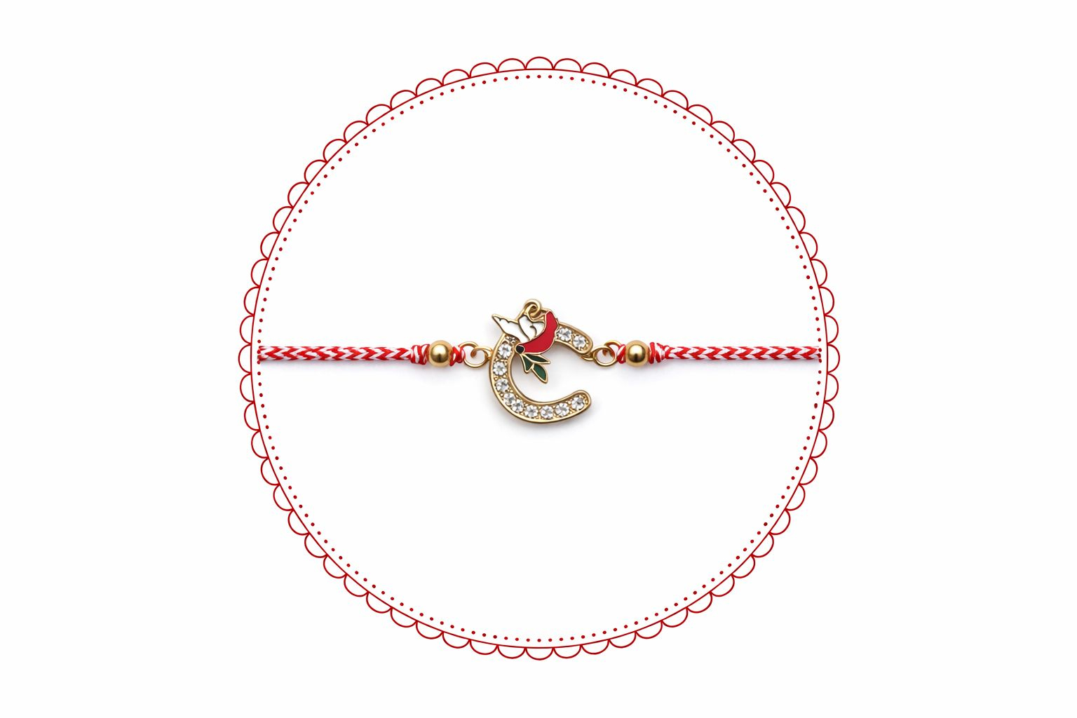 Set 12 bratari martisor cu potcoava stilizata si porumbel, snur rosu alb, ambalate individual [3]