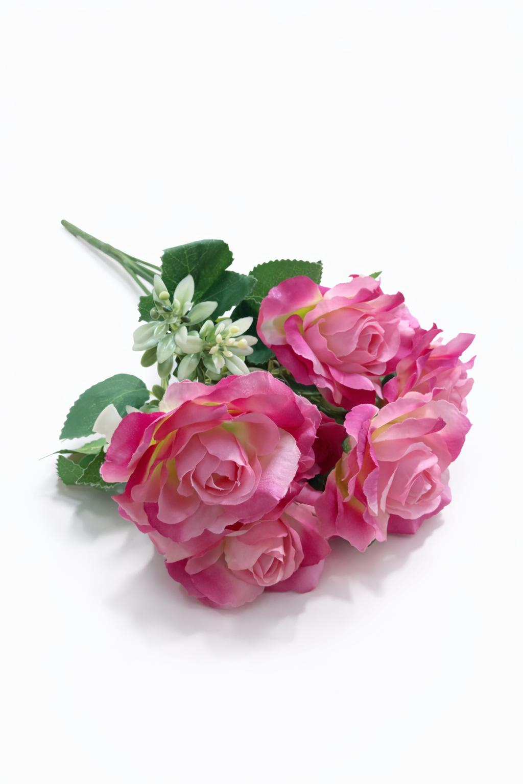 Buchet 7 trandafiri artificiali roz si crem cu frunze si boboci decorativi 30cm [1]