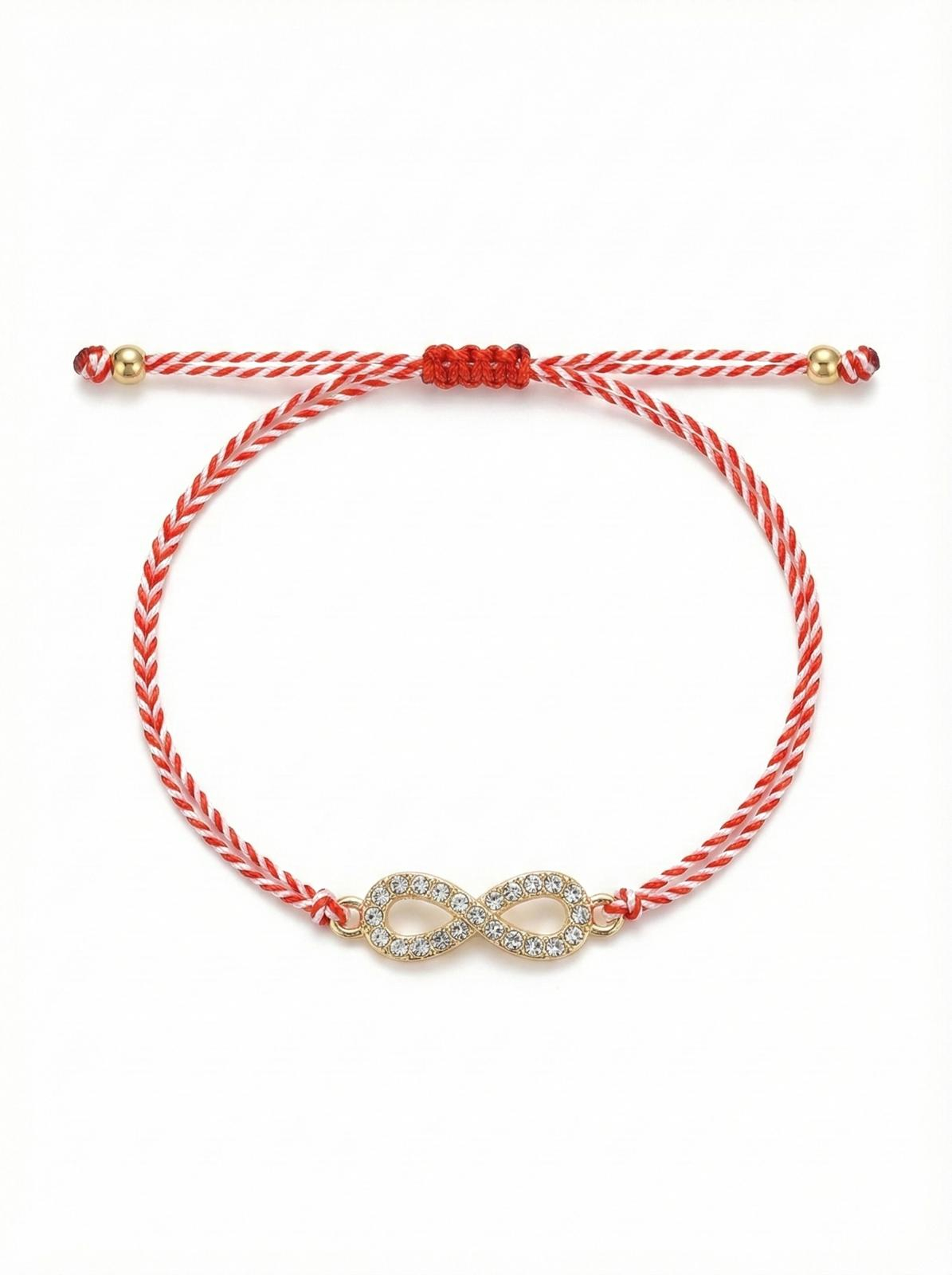 Set 12 Bratari Martisor Infinit Auriu cu Strasuri, Snur Alb-Rosu Reglabil, 20x11 cm [1]