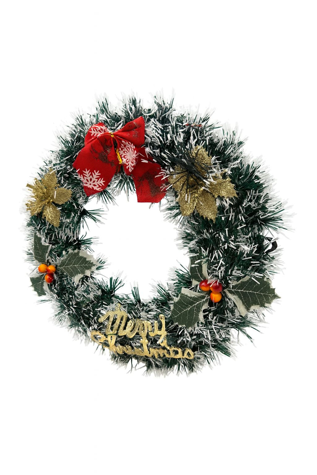 COROANA DECORATIVA CRACIUN CU FUNDA ROSIE FRUNZE SI MERRY CHRISTMAS, 30cm