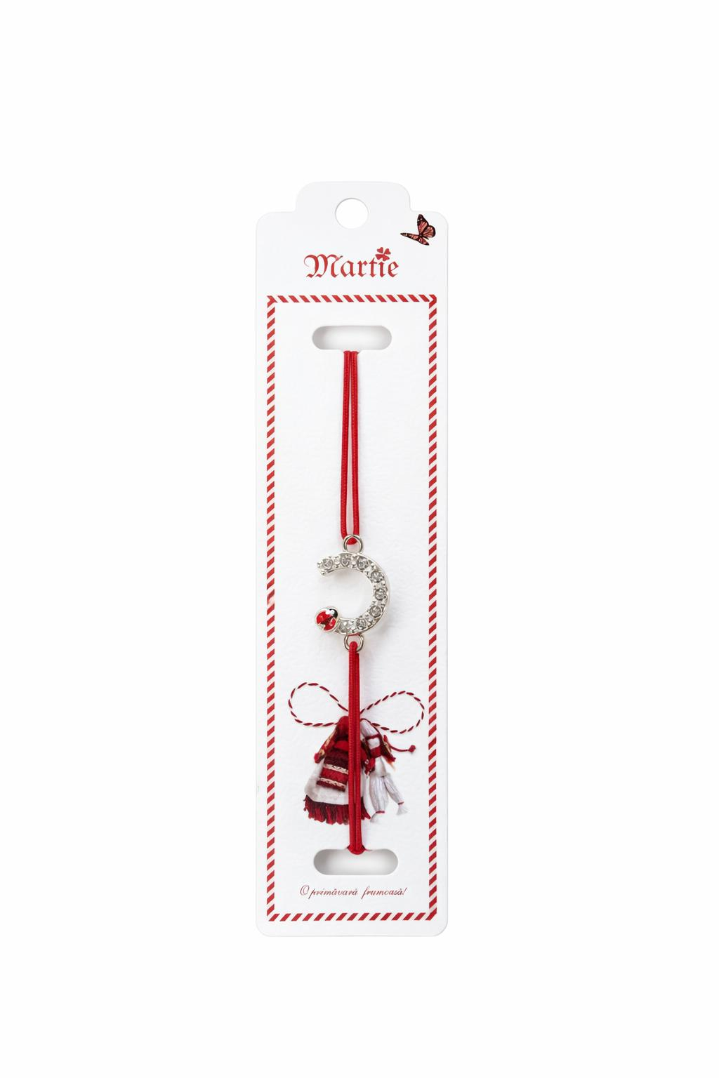 Set 24 bratari martisor cu snur rosu elastic, potcoava argintie cu buburuza si strasuri