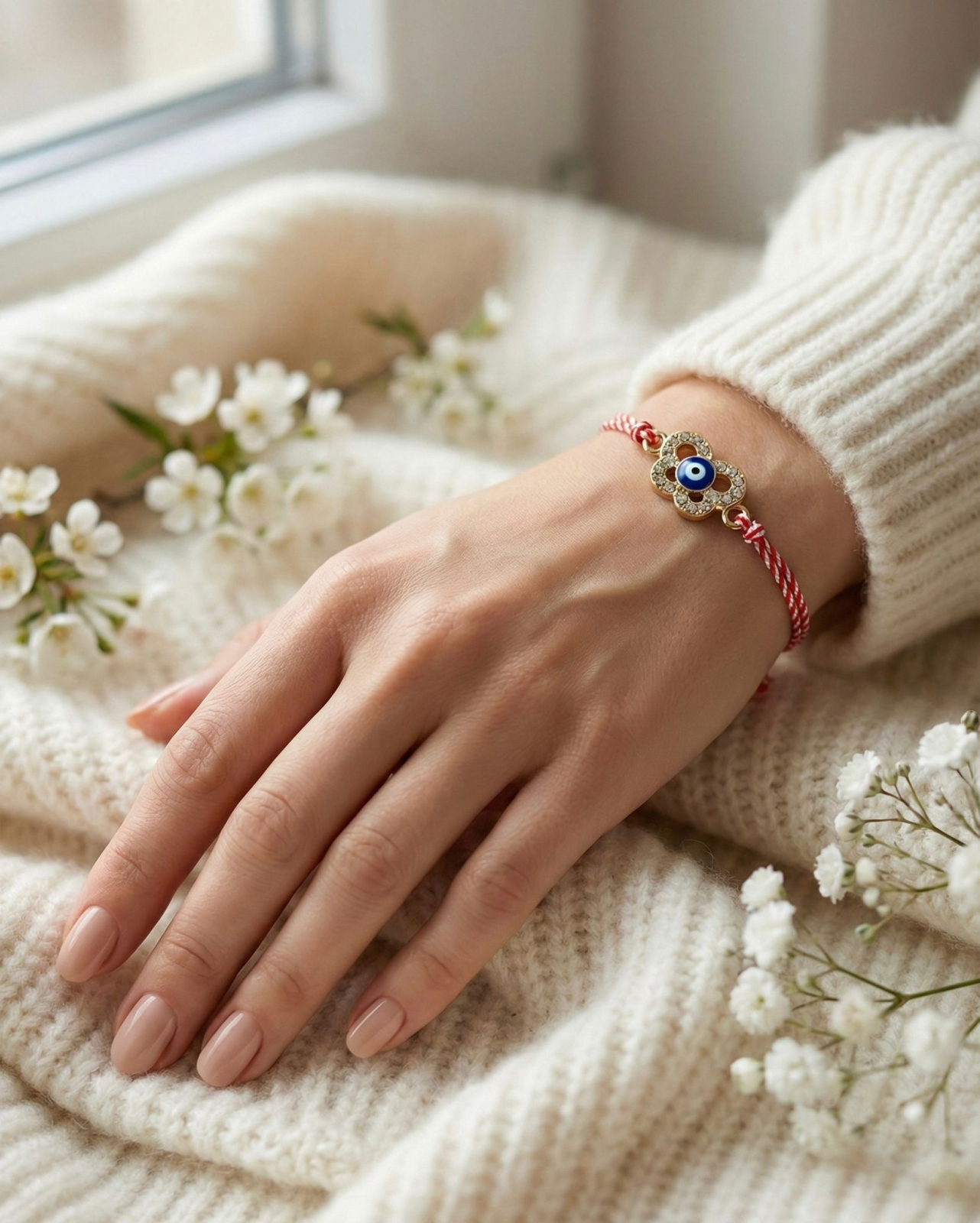 Set 12 bratari martisor fluture auriu cu strasuri si ochisor, snur alb rosu, 20x11cm [2]