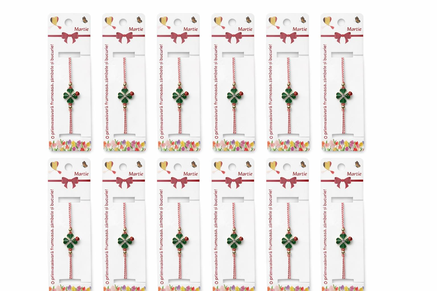 Set 12 bratari martisor cu trifoi verde si buburuza, snur reglabil rosu-alb [4]