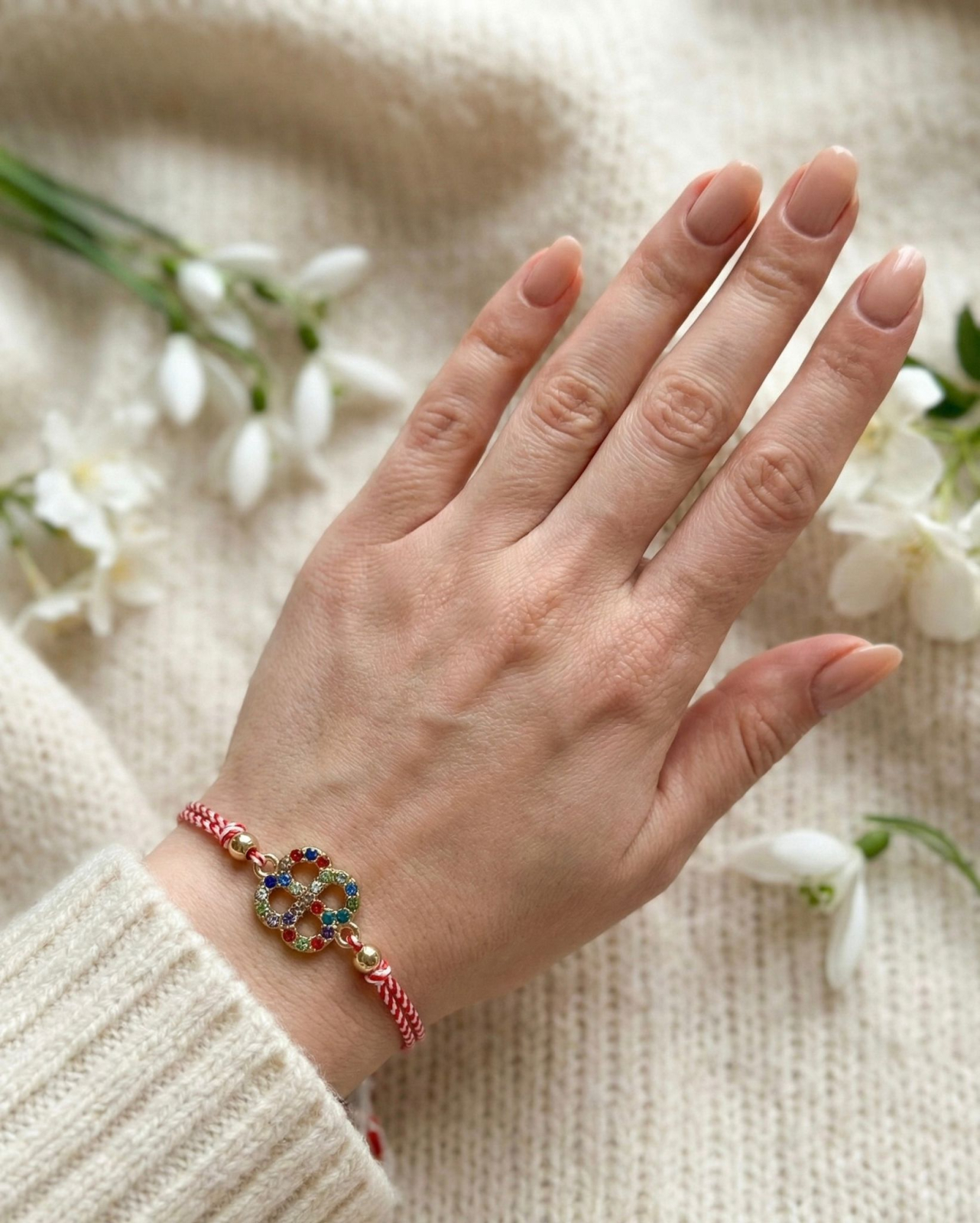 Set 12 Bratari Martisor Trifoi Auriu cu Pietre Colorate, Snur Reglabil, 20x11 cm [2]