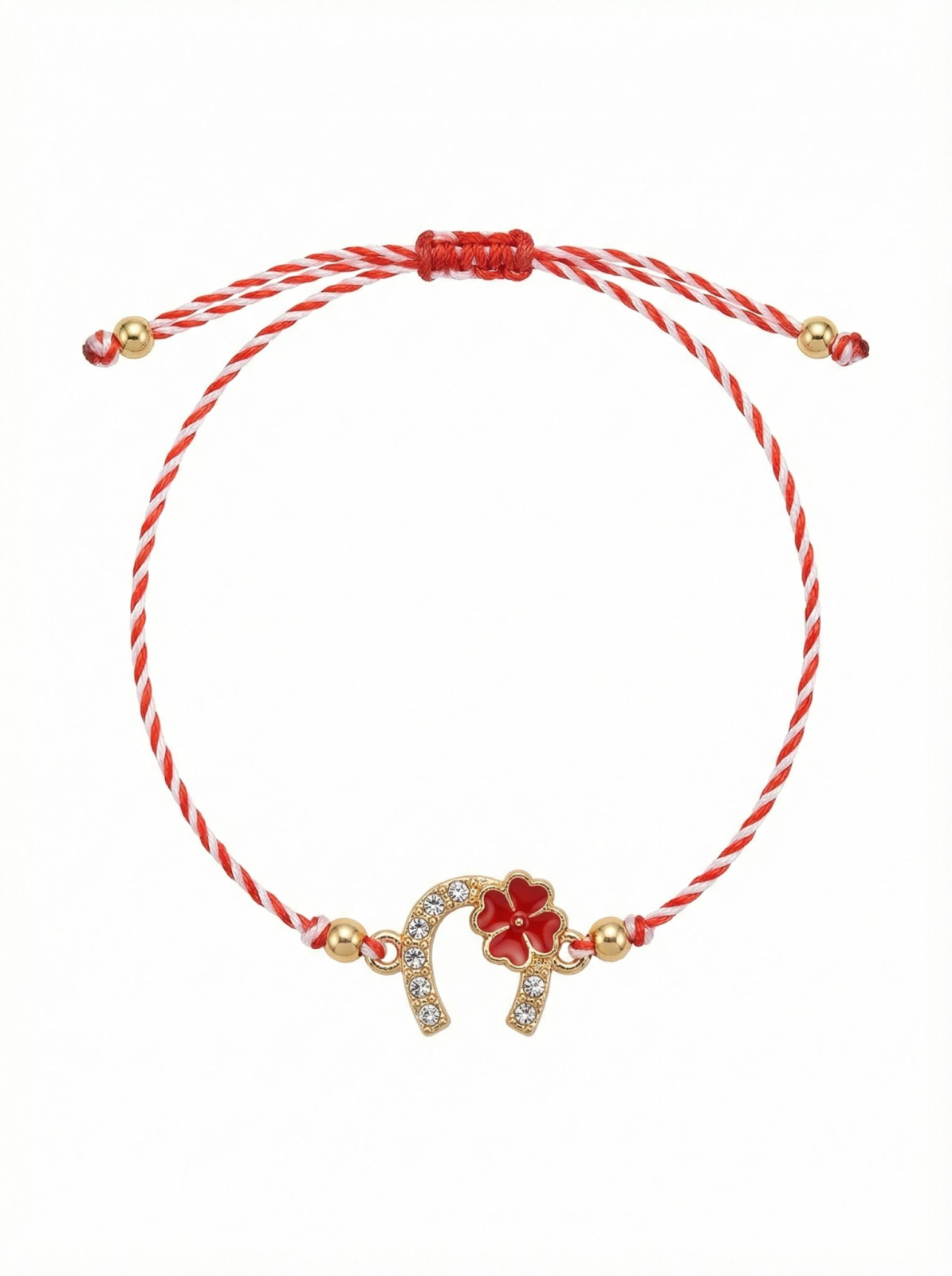 Set 12 Bratari Martisor Potcoava Aurie cu Trifoi Rosu Snur Alb Rosu reglabil [1]