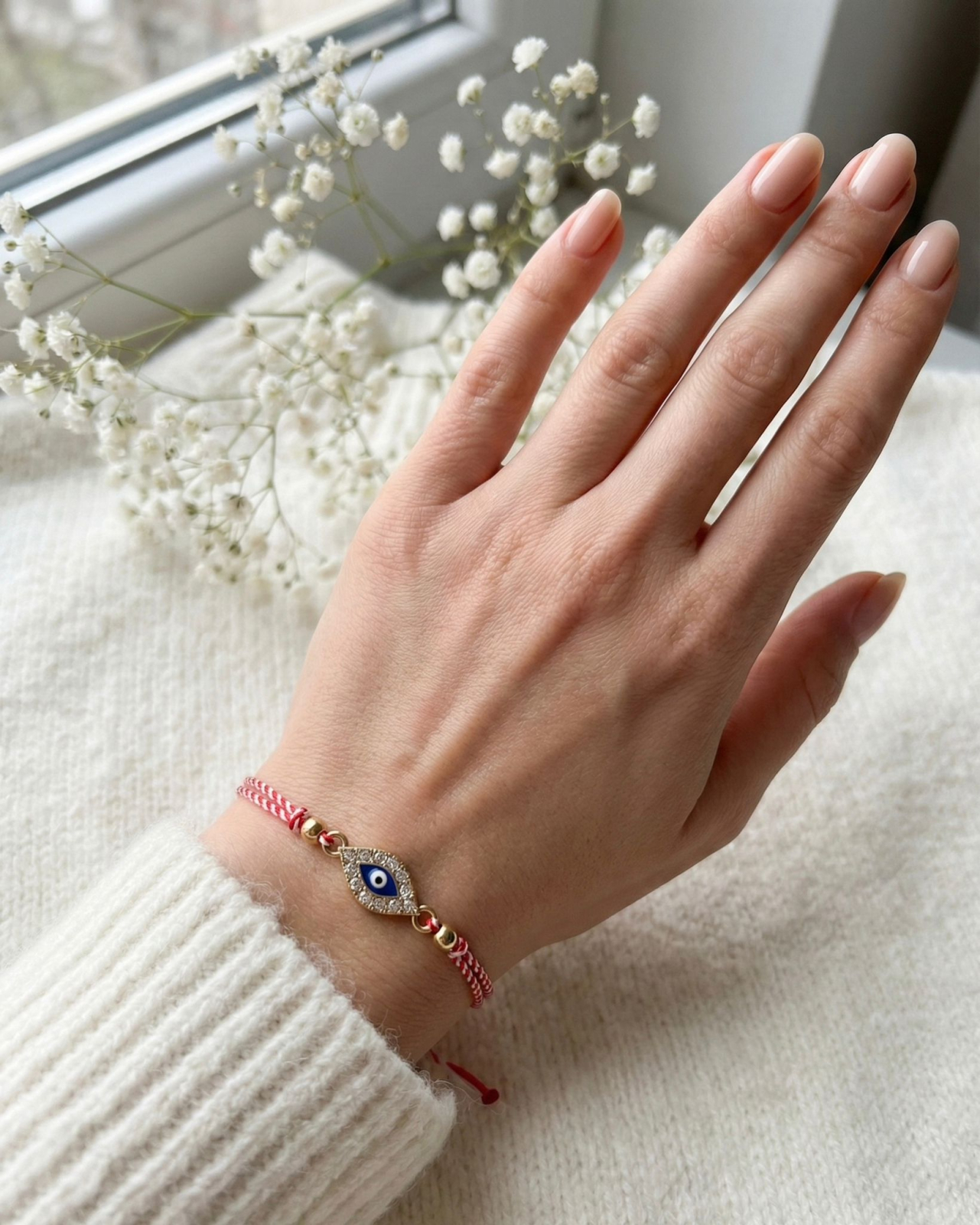 Set 12 bratari martisor talisman protector auriu cu strasuri, snur alb rosu, 20x11cm [2]