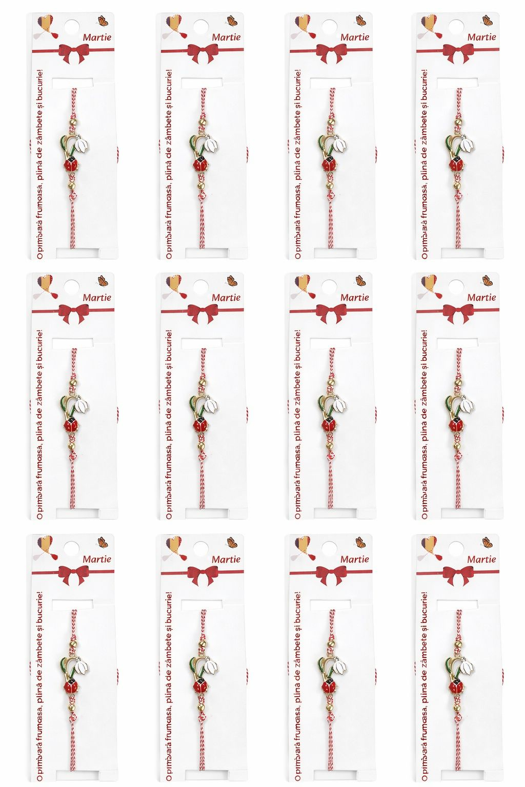 Set 12 bratari martisor cu ghiocel si buburuza, snur rosu alb, ambalate individual [4]