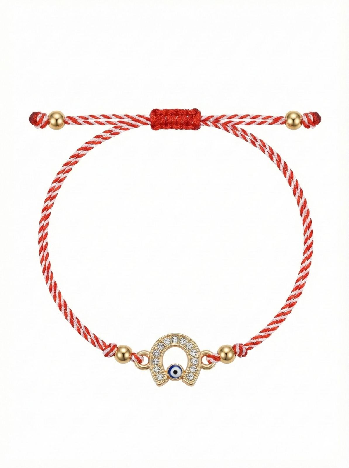 Set 12 Bratari Martisor Potcoava Aurie cu Strasuri si Ochisor Protector, Snur Rosu, 20x11 cm [1]