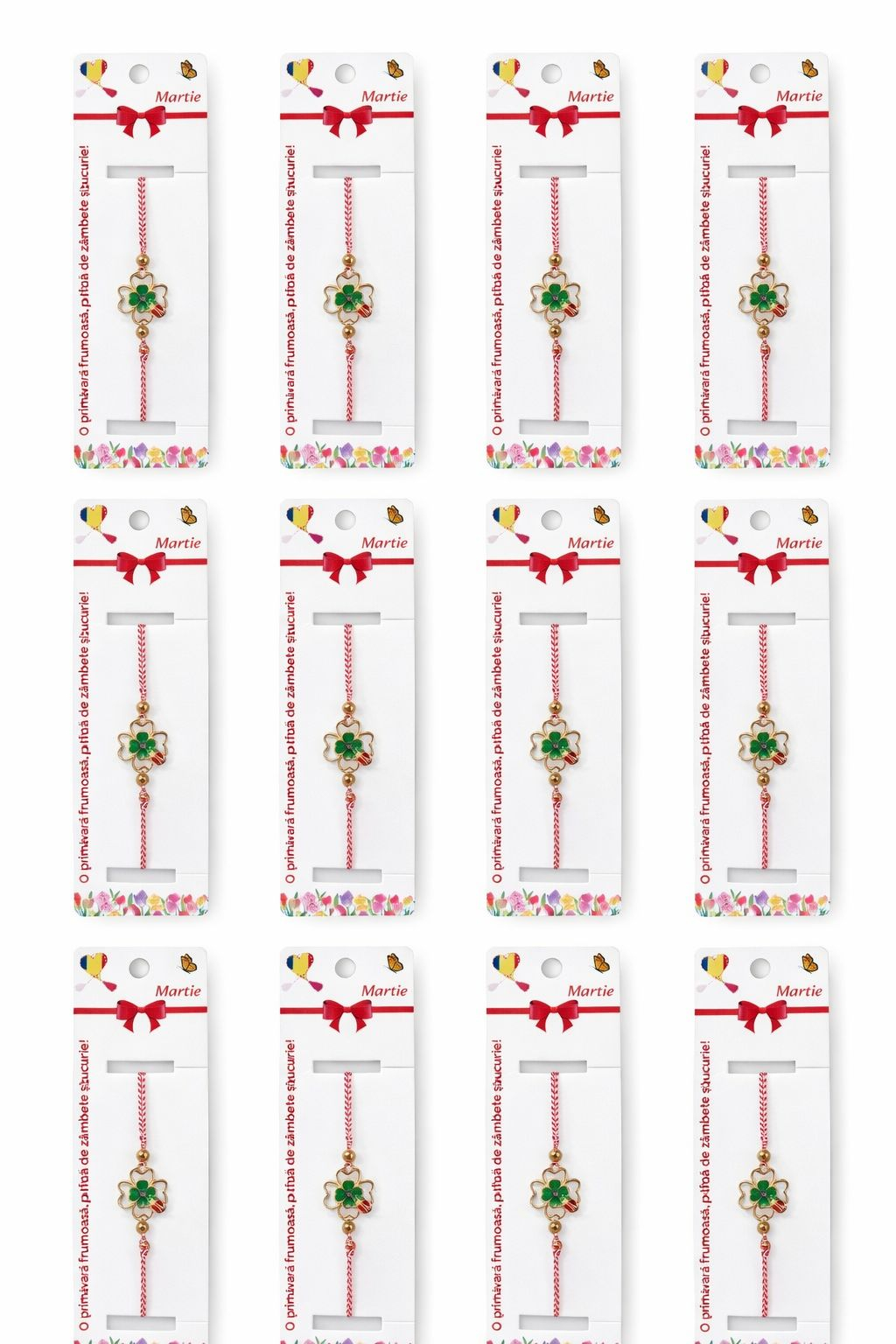Set 12 bratari martisor cu trifoi norocos si buburuza, snur rosu alb, ambalate individual [4]