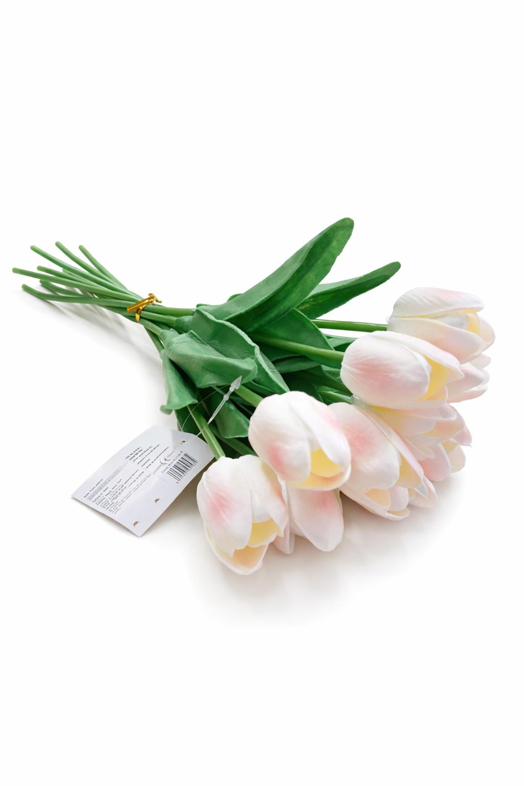 Set 10 lalele artificiale alb cu roz delicat soft touch, fir individual, 33cm [1]