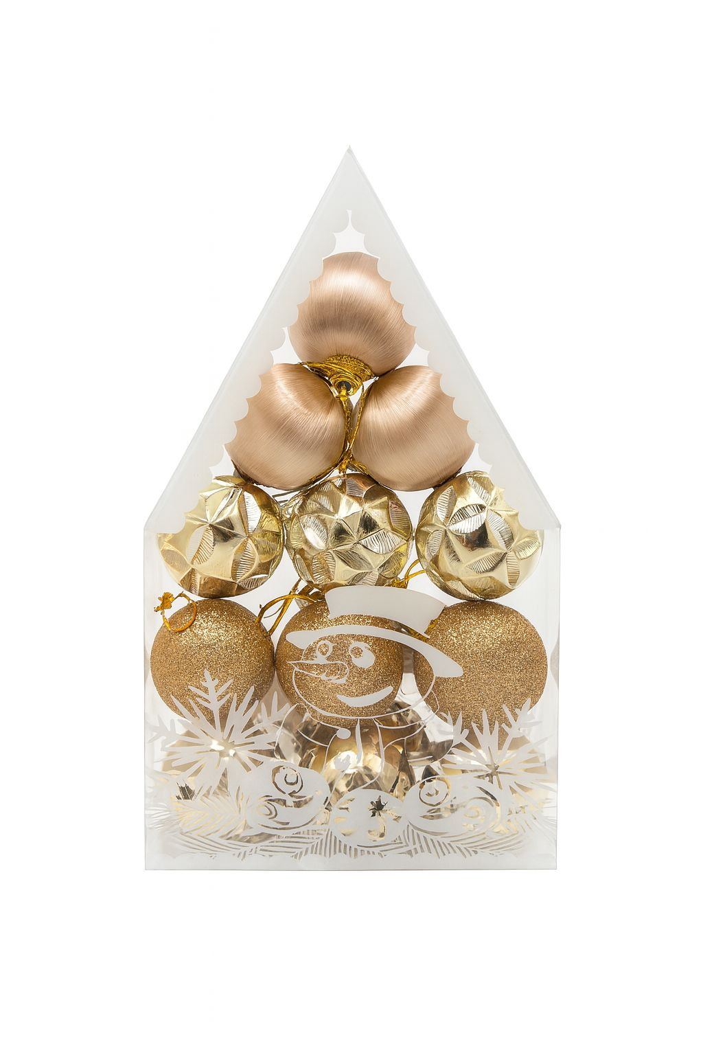 Set globuri Craciun auriu, 12 piese, diverse modele, ambalaj tip casuta, 19.5x11.5cm