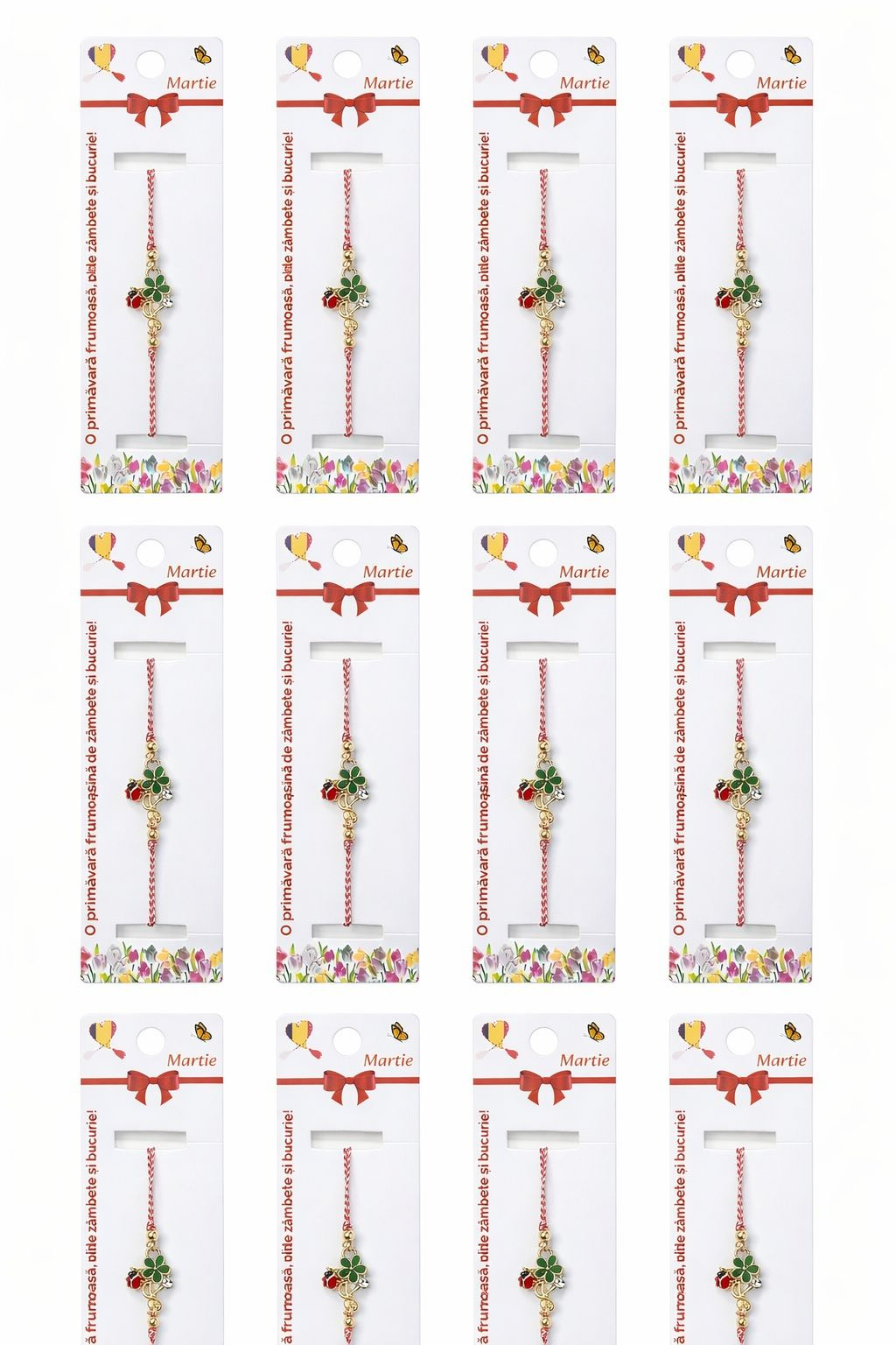 Set 12 bratari martisor cu trifoi si buburuza, snur rosu alb, ambalate individual [4]