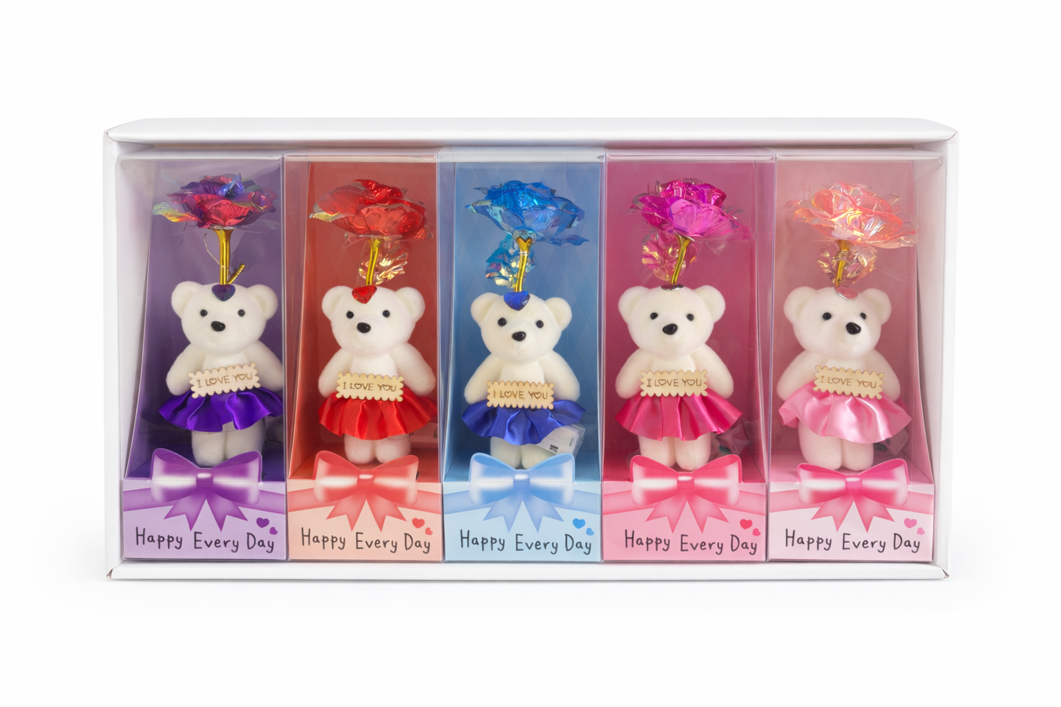 Set 5 ursuleti cu floare artificiala LED si baterii incluse, Happy Every Day, 25 x 9.5 cm [1]