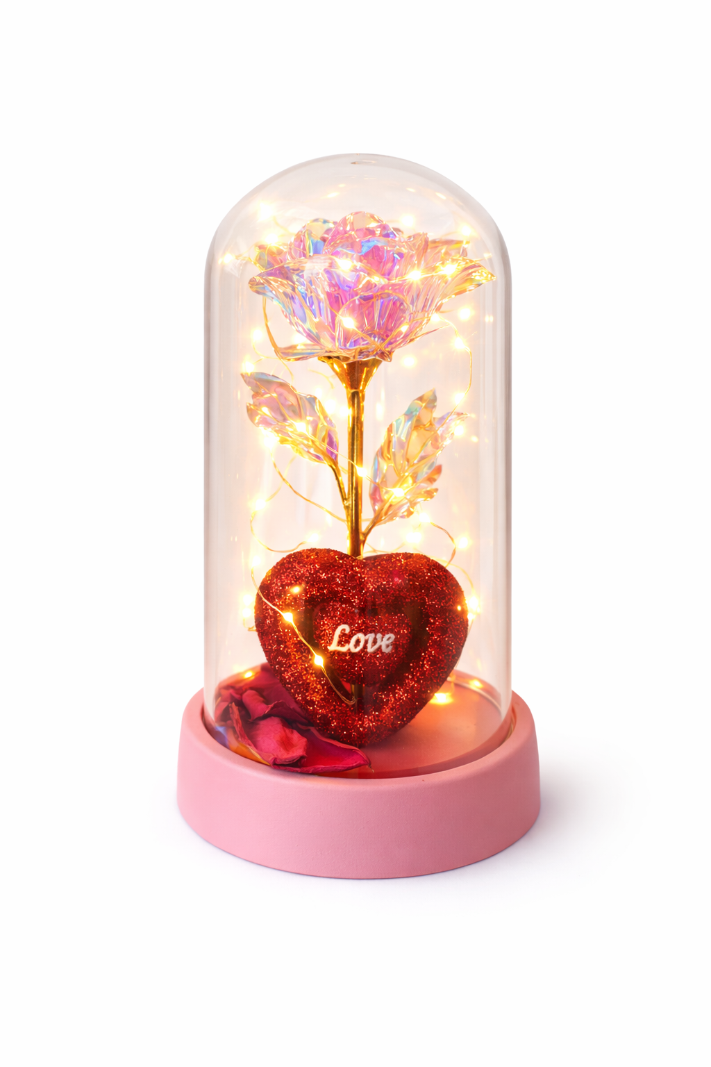 CUPOLA CU TRANDAFIR Royal Love Pink, Inima Decorativa, LED Cald, Cadou Indragostiti